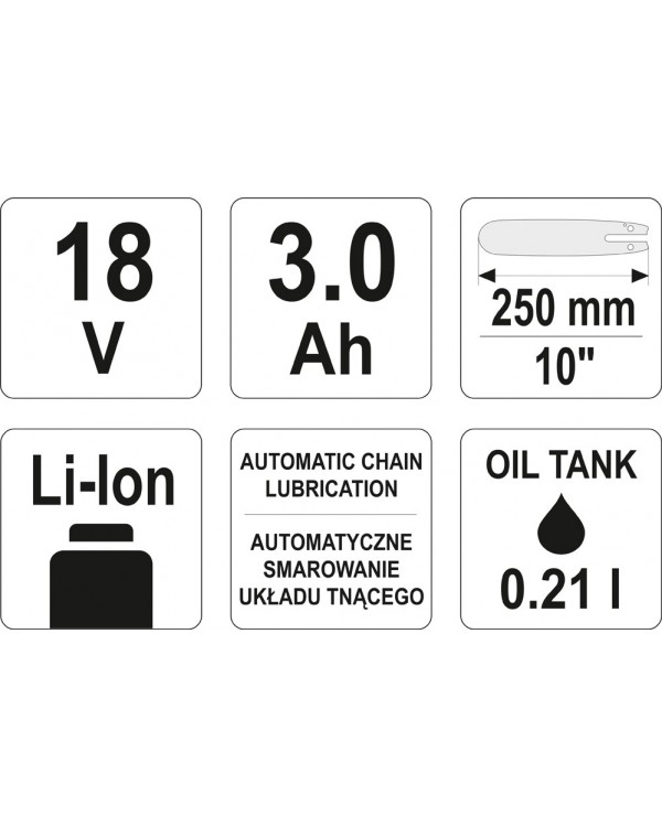 Электропила цепная  аккумуляторная YATO LI-ION 18 В 3 АЧ 25 см, YT-85080
