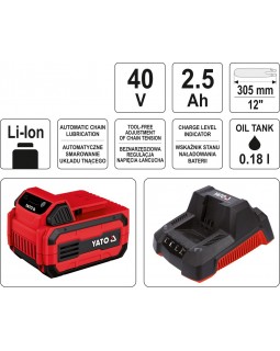 Электропила цепная аккумуляторная YATO LI-ION 40 В 2.5 АЧ 30 см, YT-85090-foto7