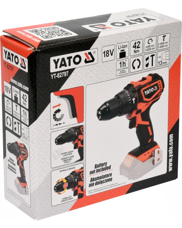 Шуруповерт-дрель ударный, с бесщеточным двигателем YATO YT-82797 (без аккумуляторов)