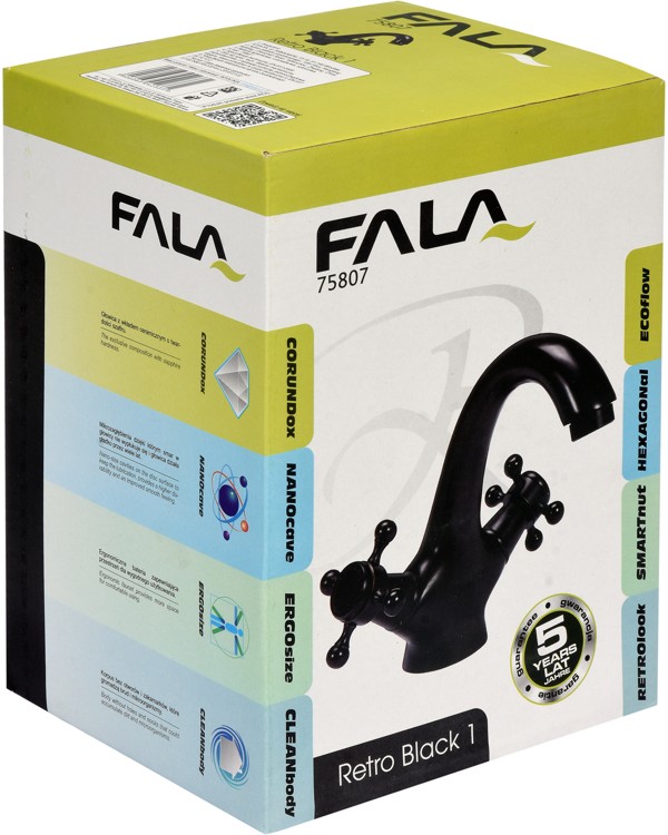 Смеситель для раковины латунный, с шарнирным регулятором FALA "RETRO BLACK 1"